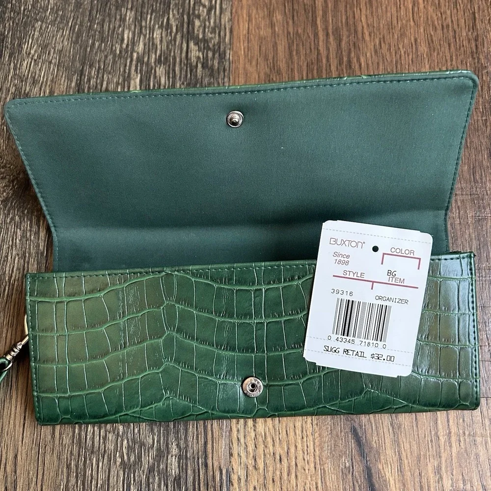 Julia Buxton Organizer Clutch Wallet Green Croc Embossed Wristlet 39316 NOS